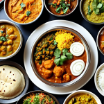 **A vibrant Indian vegetarian thali:** A colorful assortment of curries, dal, rice, naan, and various vegetable dishes, garnished with fresh cilantro and spices. Focus on rich textures and aromatic steam rising from the food.