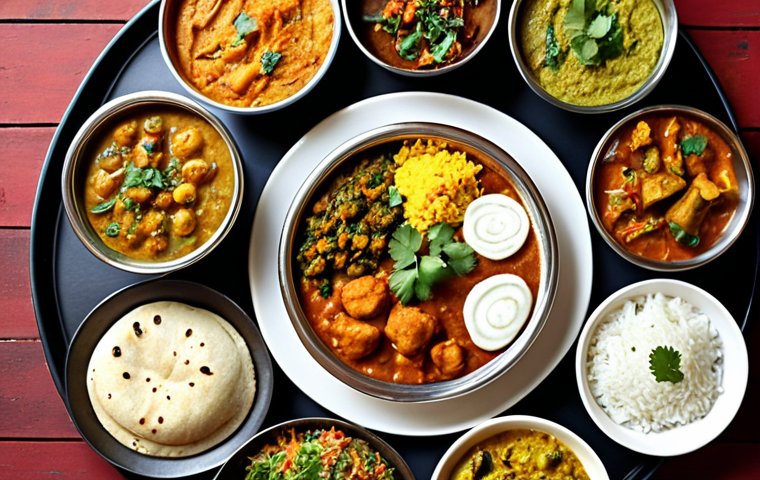 **A vibrant Indian vegetarian thali:** A colorful assortment of curries, dal, rice, naan, and various vegetable dishes, garnished with fresh cilantro and spices. Focus on rich textures and aromatic steam rising from the food.