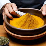 A close-up, professional high-angle shot of a chef's hands, in modest, clean chef's attire, meticulously blending vibrant, colorful ground spices (like turmeric, paprika, cumin, coriander) in a rustic ceramic bowl on a clean, modern wooden kitchen counter. Various small glass jars filled with whole and ground spices are neatly arranged around the bowl. The lighting is soft and natural, emphasizing the rich textures and colors of the spices. The scene evokes a sense of creativity and culinary artistry. Perfect anatomy, correct proportions, natural pose, well-formed hands, proper finger count, professional photography, high quality, safe for work, appropriate content, fully clothed, professional.
