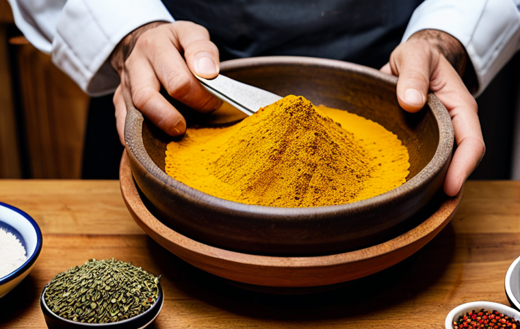 A close-up, professional high-angle shot of a chef's hands, in modest, clean chef's attire, meticulously blending vibrant, colorful ground spices (like turmeric, paprika, cumin, coriander) in a rustic ceramic bowl on a clean, modern wooden kitchen counter. Various small glass jars filled with whole and ground spices are neatly arranged around the bowl. The lighting is soft and natural, emphasizing the rich textures and colors of the spices. The scene evokes a sense of creativity and culinary artistry. Perfect anatomy, correct proportions, natural pose, well-formed hands, proper finger count, professional photography, high quality, safe for work, appropriate content, fully clothed, professional.