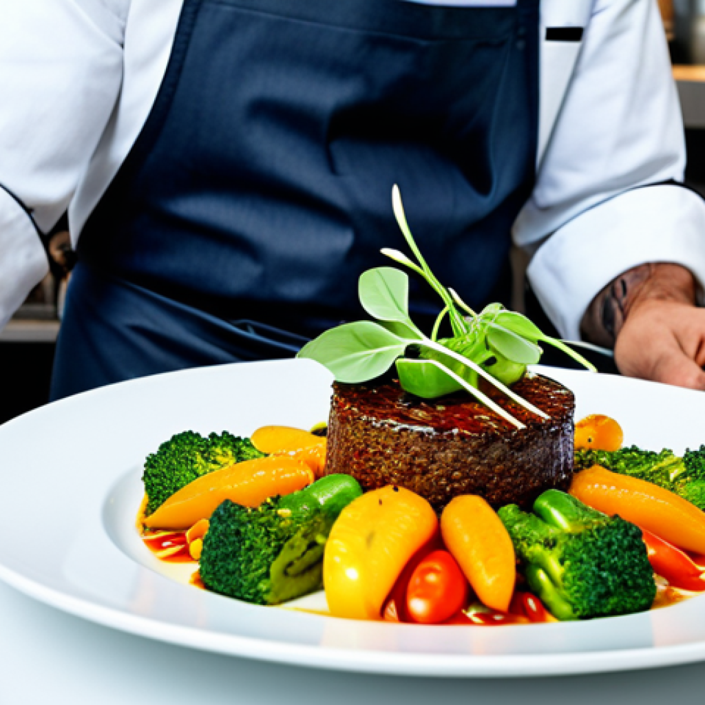 **

"A chef presenting an elaborate vegan dish, featuring colorful vegetables and innovative plating techniques, in a modern restaurant setting, fully clothed, appropriate attire, safe for work, perfect anatomy, natural proportions, professional food photography, high quality, family-friendly."

**