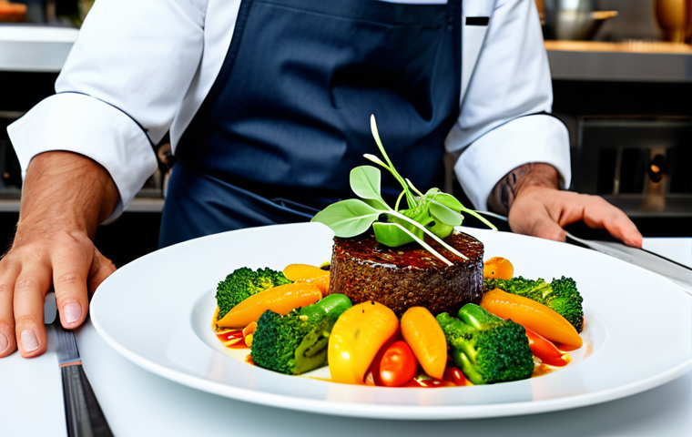 **

"A chef presenting an elaborate vegan dish, featuring colorful vegetables and innovative plating techniques, in a modern restaurant setting, fully clothed, appropriate attire, safe for work, perfect anatomy, natural proportions, professional food photography, high quality, family-friendly."

**