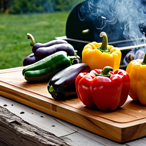 Home 28 Smoked Vegetables**
"A variety of colorful, fully clothed vegetables (bell peppers, mushrooms, eggplant) arranged artfully on a wooden cutting board, smoke gently rising from them, suggesting a recent smoking process. Background: a rustic outdoor kitchen setting with a smoker in the distance. Safe for work, appropriate content, fully clothed vegetables, professional food photography, perfect anatomy (of the vegetables), natural proportions, high quality, modest display."
**
