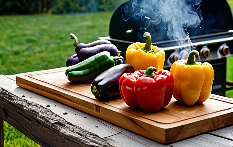 Smoked Vegetables**

"A variety of colorful, fully clothed vegetables (bell peppers, mushrooms, eggplant) arranged artfully on a wooden cutting board, smoke gently rising from them, suggesting a recent smoking process. Background: a rustic outdoor kitchen setting with a smoker in the distance. Safe for work, appropriate content, fully clothed vegetables, professional food photography, perfect anatomy (of the vegetables), natural proportions, high quality, modest display."

**