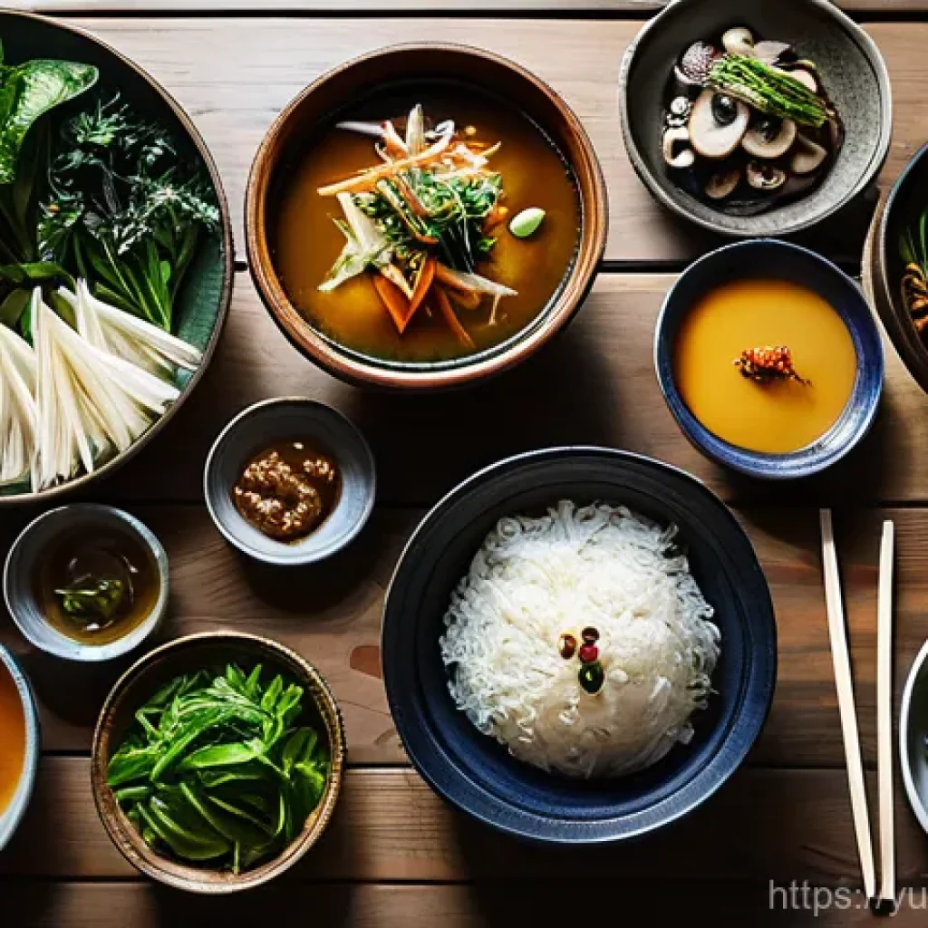 채식 요리를 위한 한국 전통 음식의 재해석 - A serene and artfully arranged spread of Korean temple food on a rustic wooden table. The dishes are...