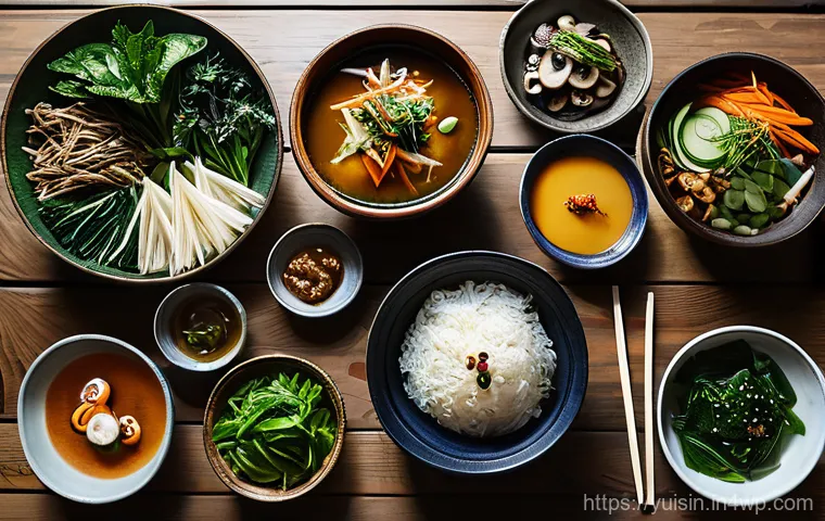 채식 요리를 위한 한국 전통 음식의 재해석 - A serene and artfully arranged spread of Korean temple food on a rustic wooden table. The dishes are...