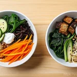 Home 14 채식 요리의 변화 전통 요리의 현대적 재구성 - A vibrant, overhead shot of a modern vegan Bibimbap, artfully arranged in a minimalist white ceramic...