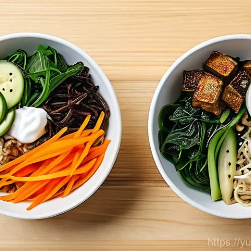 Home 26 채식 요리의 변화 전통 요리의 현대적 재구성 - A vibrant, overhead shot of a modern vegan Bibimbap, artfully arranged in a minimalist white ceramic...