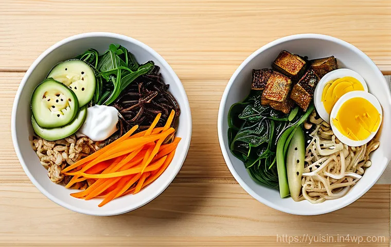 채식 요리의 변화  전통 요리의 현대적 재구성 - A vibrant, overhead shot of a modern vegan Bibimbap, artfully arranged in a minimalist white ceramic...