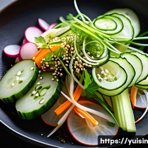 Home 25 세계 각국의 채식 사이드 디시 다양성 탐구 - A vibrant Asian vegetarian side dish spread featuring Japanese tsukemono (pickled vegetables) with g...