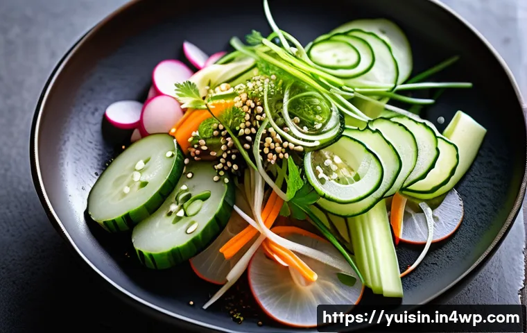 세계 각국의 채식 사이드 디시  다양성 탐구 - A vibrant Asian vegetarian side dish spread featuring Japanese tsukemono (pickled vegetables) with g...