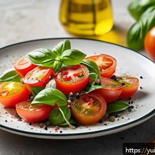 Home 12 채식 요리에 적합한 세계의 샐러드 조합 - A vibrant Mediterranean salad featuring ripe, juicy red tomatoes and fresh green basil leaves, drizz...
