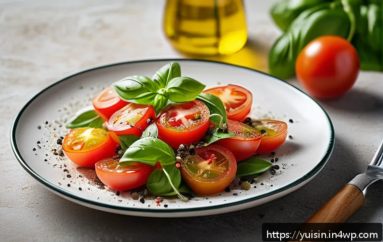 채식 요리에 적합한 세계의 샐러드 조합 - A vibrant Mediterranean salad featuring ripe, juicy red tomatoes and fresh green basil leaves, drizz...