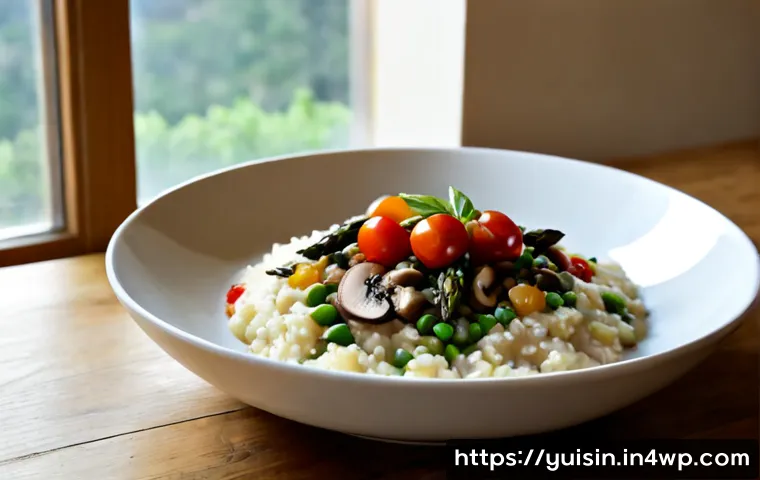 Home 13 유럽 채식 요리 이탈리안 리조또 완벽 가이드 - Photorealistic Italian vegetable risotto in a shallow white ceramic bowl, creamy arborio rice with r...